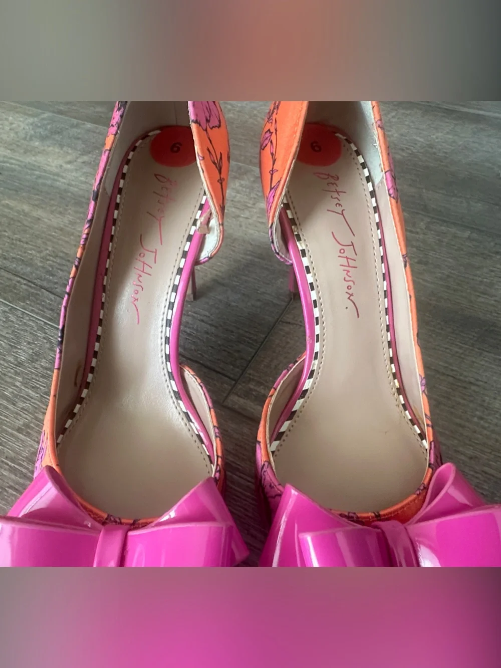 Betsey Johnson Pink Bow Orange Floral D'Orsay Heels